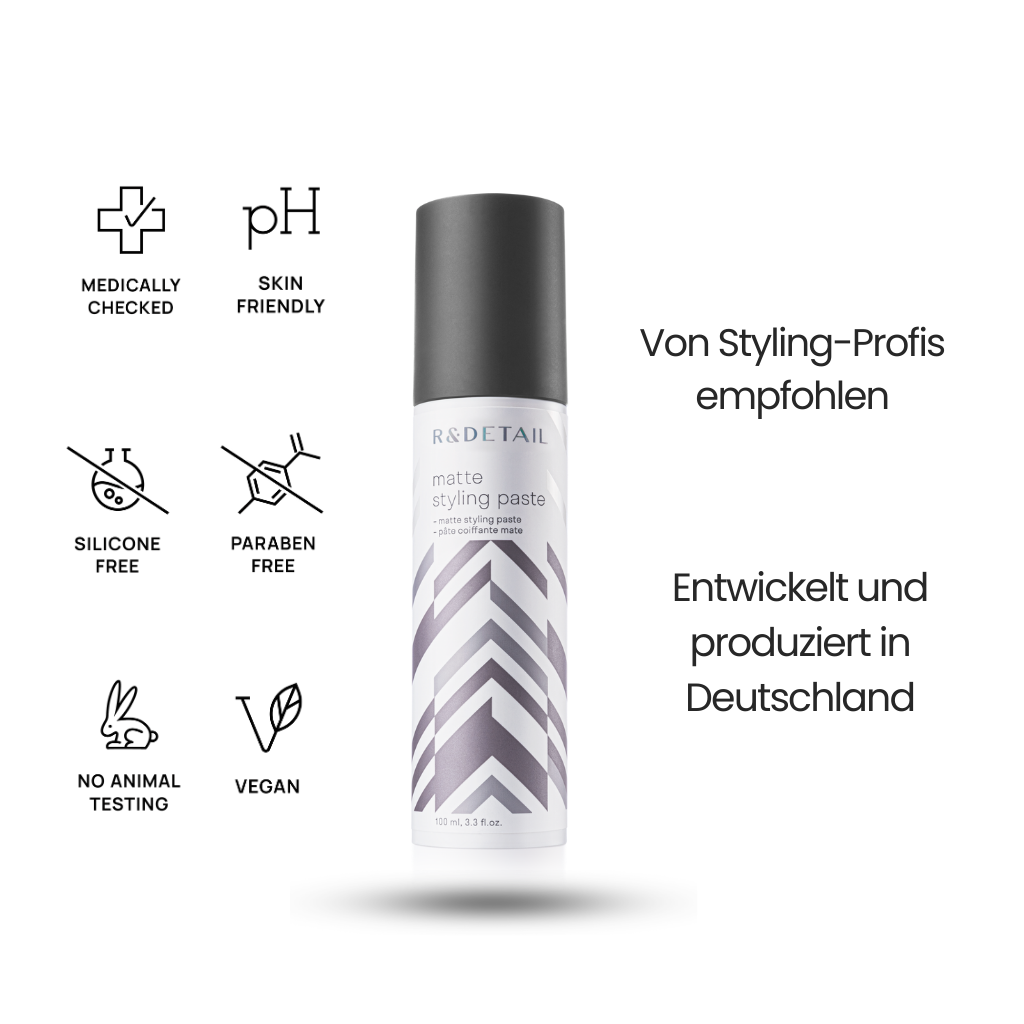 Produktbild der R&Detail®  Matte Styling Paste mit Icons für medizinische Prüfung, hautfreundlichen pH-Wert, silikonfrei, parabenfrei, tierversuchsfrei und vegan.