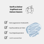 Illustration der Haarstyling Gel und der vier Produktvorteile: keine aggressiven Inhaltsstoffe, hautfreundlicher pH-Wert, feuchtigkeitsspendend, wasserlösliche Formel