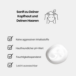 Illustration der Haarstyling Paste und der vier Produktvorteile: keine aggressiven Inhaltsstoffe, hautfreundlicher pH-Wert, feuchtigkeitsspendend, wasserlösliche Formel