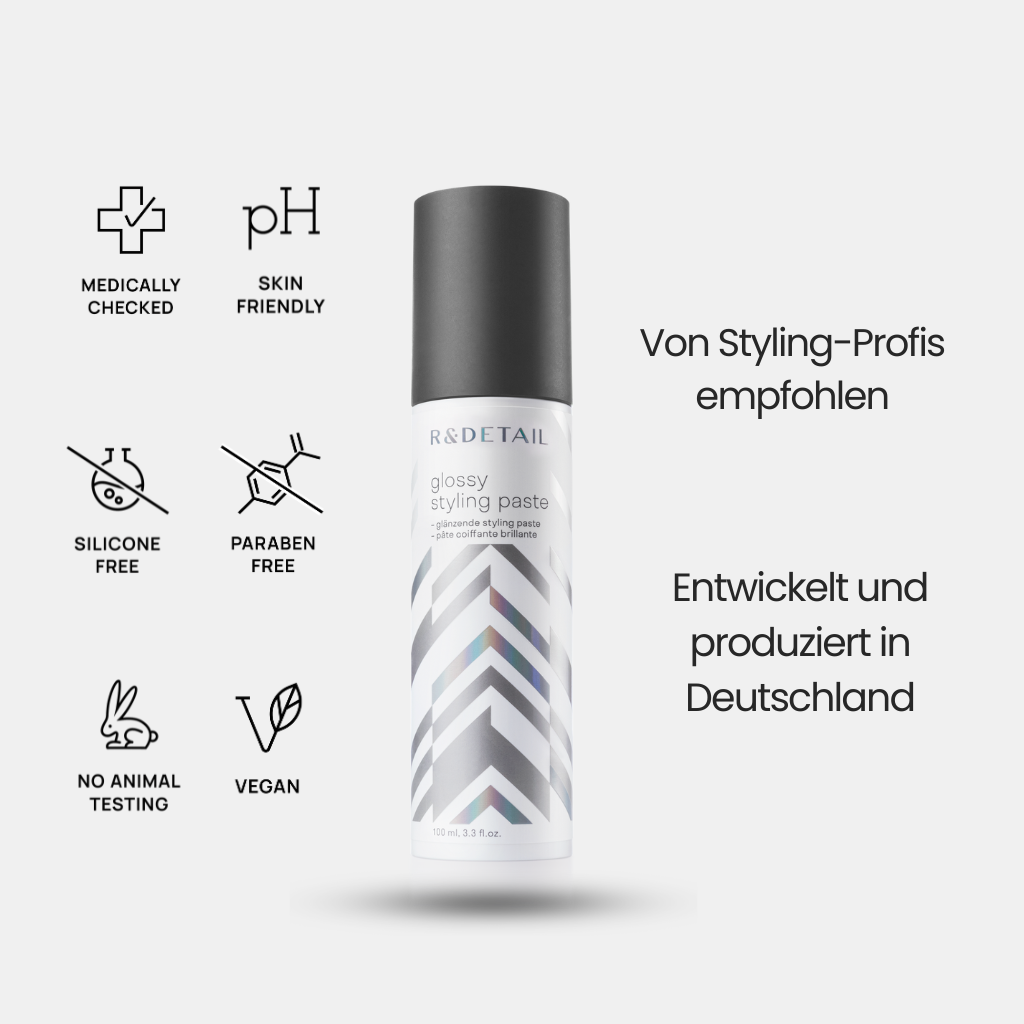 Produktbild der R&Detail®  Glossy Styling Paste mit Icons für medizinische Prüfung, hautfreundlichen pH-Wert, silikonfrei, parabenfrei, tierversuchsfrei und vegan.